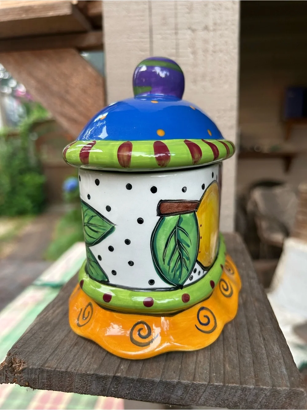 Charma Design  Hand-Painted Ceramic Covered Butter Dish - Blue, Yellow & Green